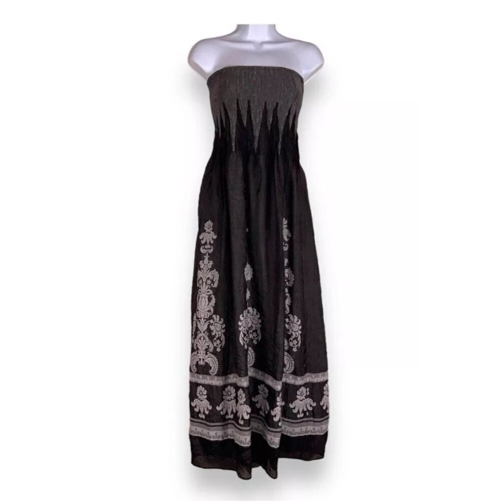 Strapless Black & Gray Maxi Dress Intricate White Floral OS Whimsy